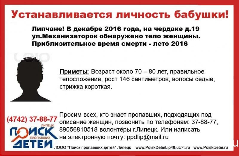 Липчан просят помощи в опознании найденной на чердаке мертвой пенсионерки Липчан просят помощи в опознании найденной на чердаке мертвой пенсионерки