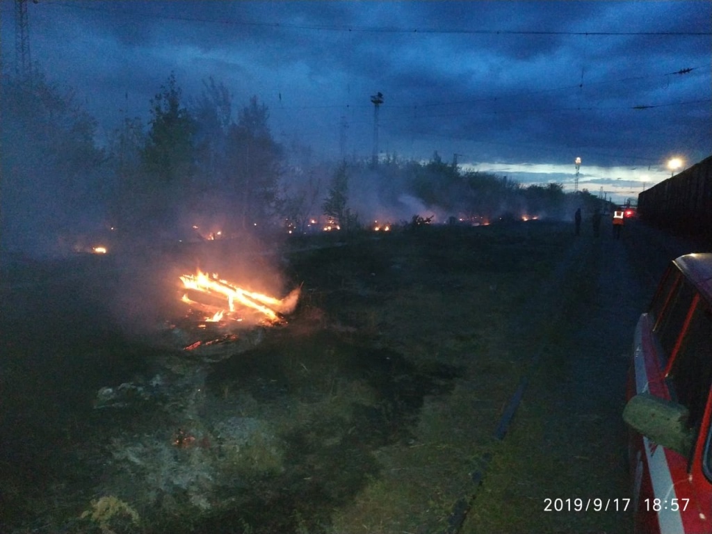 В Грязях горящую вдоль железнодорожных путей растительность тушили с помощью пожарного поезда